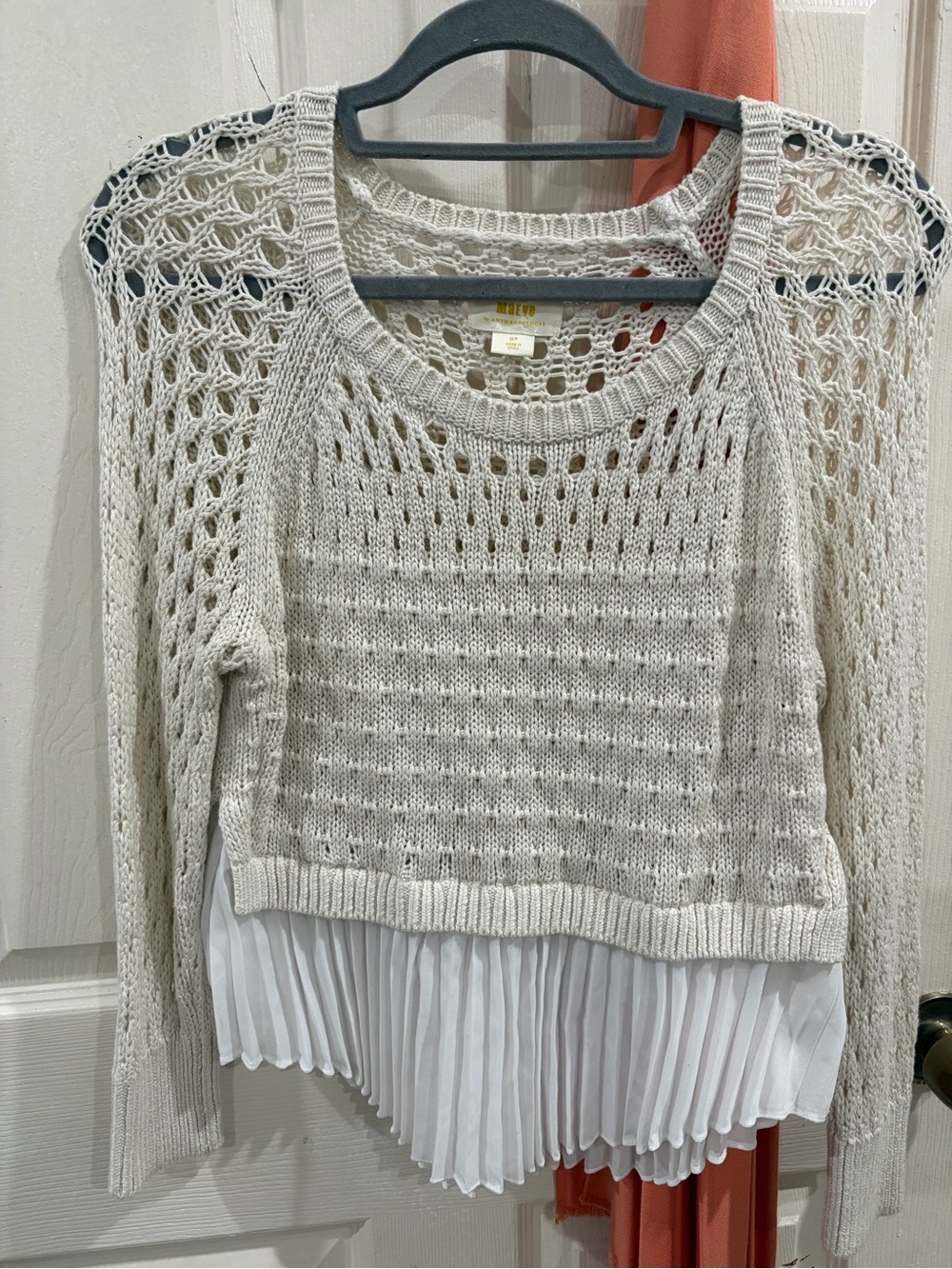 Anthropologie Cream Open-Knit Sweater with Pleated Hem